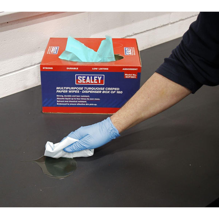 Sealey Multipurpose Paper Wipes in Dispenser Box Creped Turquoise 69gsm 160 Shee Sealey - Town Tools 