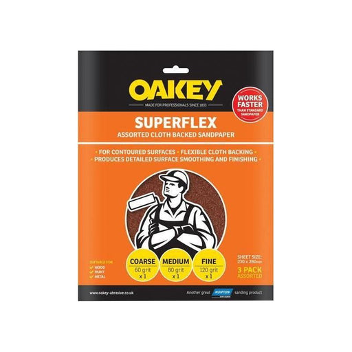 Oakey Superflex Cloth Backed Aluminium Oxide Sheets 230 x 280mm Assorted (3) Oakey - Town Tools