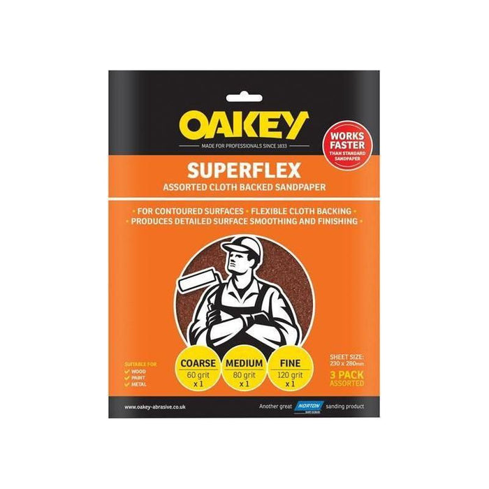 Oakey Superflex Cloth Backed Aluminium Oxide Sheets 230 x 280mm Assorted (3) Oakey - Town Tools