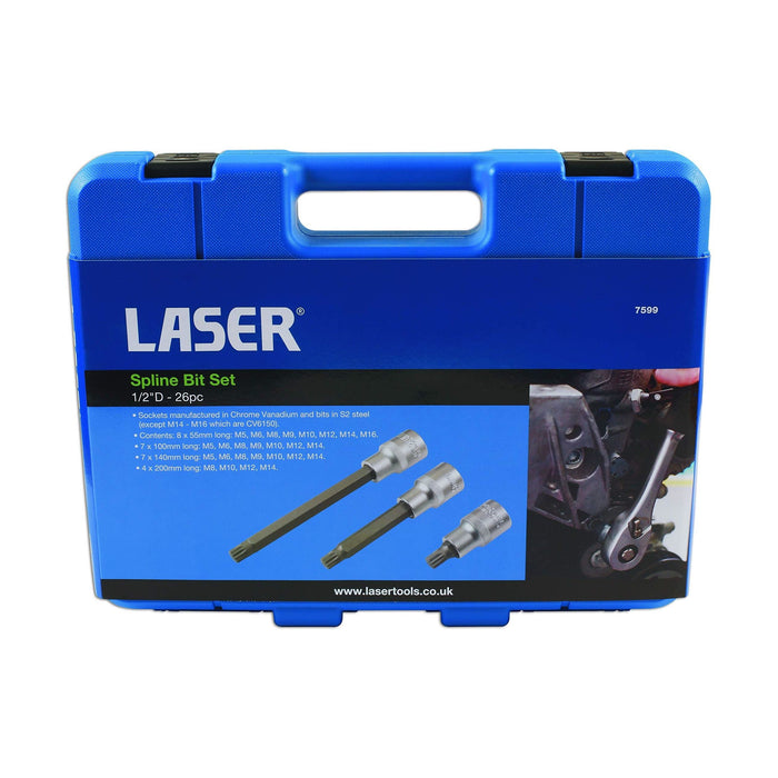 Laser Spline Socket Bit Set 1/2"D 26pc 7599 Laser - Town Tools 