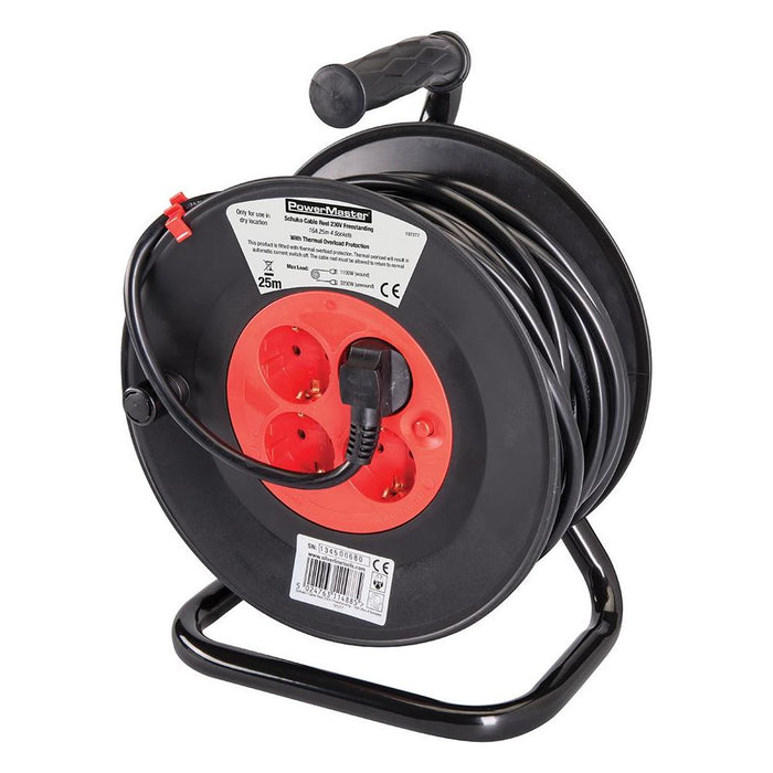 Powermaster European Type F Schuko Cable Reel 230V 16A 25m 4 CEE 7/4 Sockets PowerMaster - Town Tools 