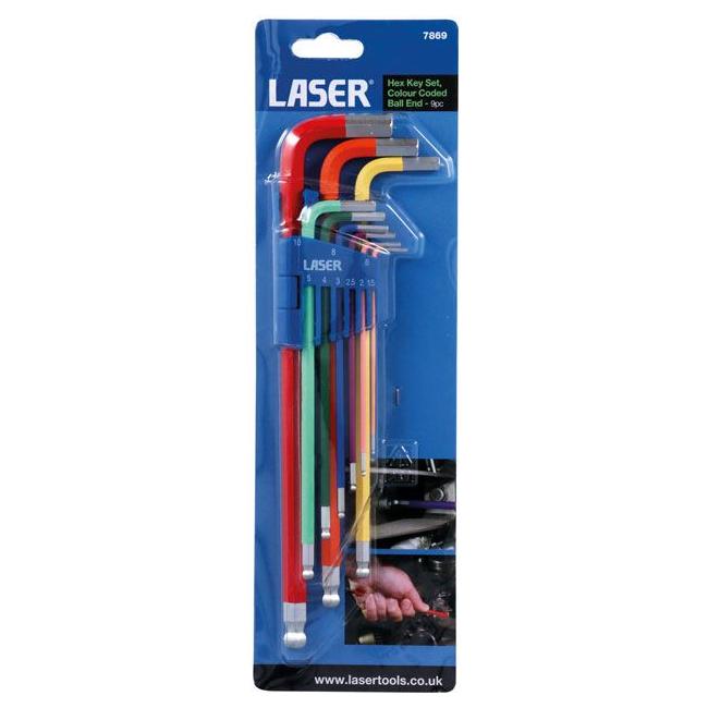 Laser Colour Coded Hex Key Set - Ball End 9pc 7869 Laser - Town Tools 