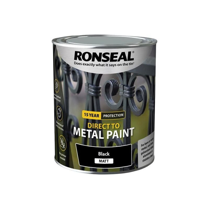 Ronseal Direct to Metal Paint Black Matt 750ml Ronseal - Town Tools