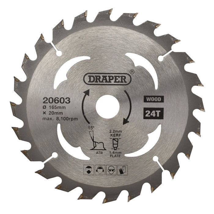 Draper TCT Circular Saw Blade for Wood, 165 x 20mm, 24T - SBW1