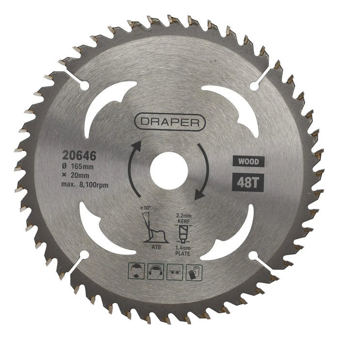 Draper TCT Circular Saw Blade for Wood, 165 x 20mm, 48T - SBW2