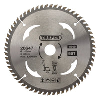 Draper TCT Circular Saw Blade for Wood, 165 x 20mm, 60T - SBW3