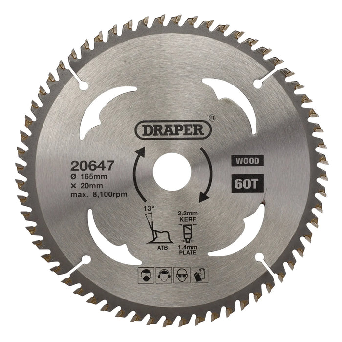 Draper TCT Circular Saw Blade for Wood, 165 x 20mm, 60T - SBW3