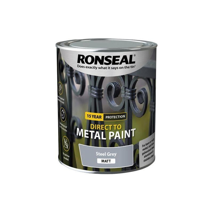 Ronseal Direct to Metal Paint Steel Grey Matt 750ml Ronseal - Town Tools