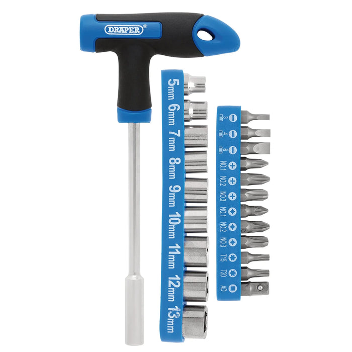 Draper T-Handle Screwdriver, Socket and Bit Set, 1/4" Sq. Dr. (22 Piece)