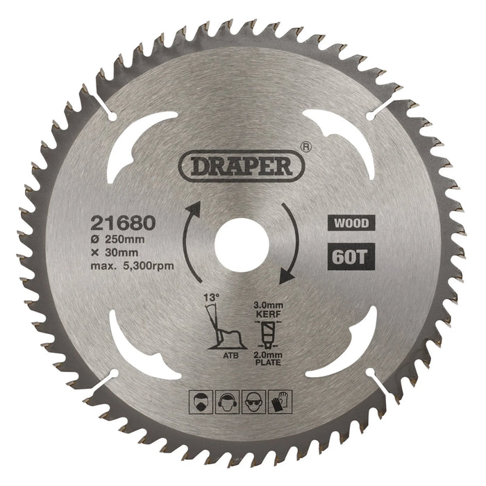 Draper TCT Circular Saw Blade for Wood, 250 x 30mm, 60T - SBW12