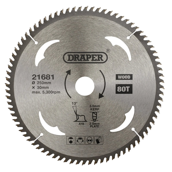 Draper TCT Circular Saw Blade for Wood, 250 x 30mm, 80T - SBW13
