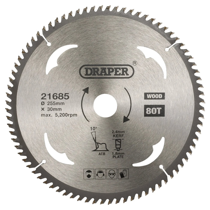 Draper TCT Circular Saw Blade for Wood, 255 x 30mm, 80T - SBW15