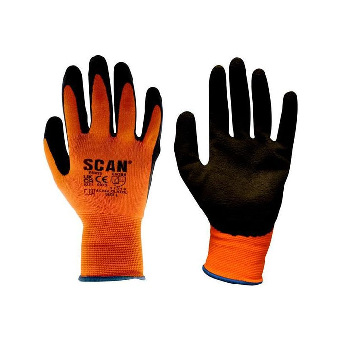 Scan Hi-Vis Orange Foam Latex Coated Gloves - XL (Size 10) Scan - Town Tools