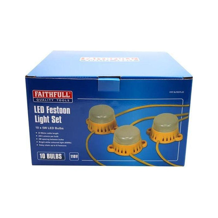Faithfull Power Plus Festoon Lights 10 LED Bulbs 110V 22m Faithfull Power Plus - Town Tools