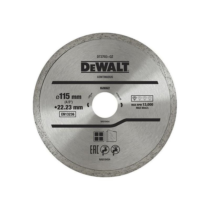 Dewalt Power Tools DT3711 Continuous Rim Diamond Cutting Disc 115 x 22.23mm DeWALT Power Tools - Town Tools