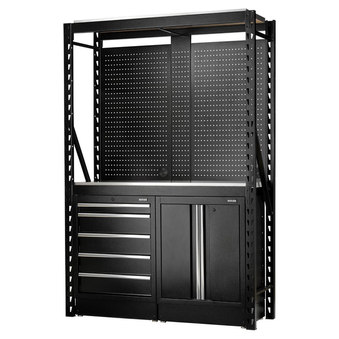 Bunker 15 Piece Modular Storage Combo 2 Tier Racking with Stainless Steel Shelving, Pegboards and Floor Cabinets, 1500mm Draper - Town Tools