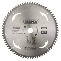 Draper TCT Circular Saw Blade for Wood, 315 x 30mm, 72T - SBW19