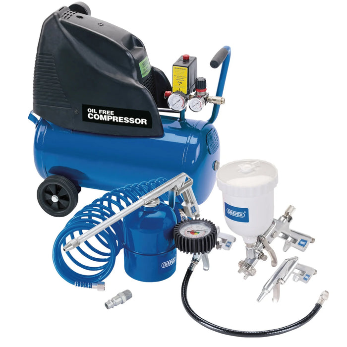 Draper 24L Direct Drive Oil Free Air Compressor, 1.1kW/1.5hp and Air Tool Kit