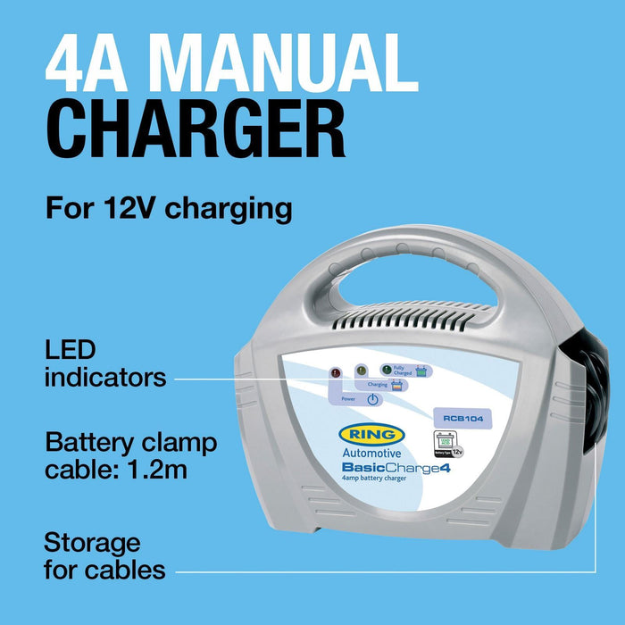 Ring Automotive RCB104 Ring , 4A Battery Charger, 12V Lead Acid, Vehicles up to Ring Automotive - Town Tools 