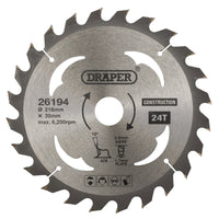 Draper TCT Construction Circular Saw Blade, 216 x 30mm, 24T - SBC4