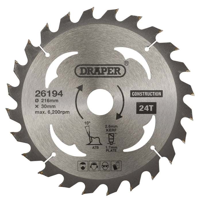 Draper TCT Construction Circular Saw Blade, 216 x 30mm, 24T - SBC4