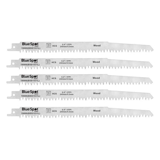 Bluespot Tools HCS Reciprocating Saw Blade 240mm x 5 TPI Pack of 5 BlueSpot Tools - Town Tools