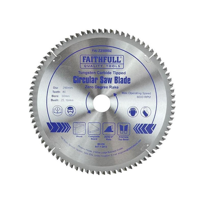 Faithfull TCT Circular Saw Blade Zero Degree 250 x 30mm x 80T Faithfull - Town Tools