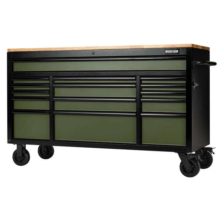 BUNKER 15 Drawer Workbench Roller Tool Cabinet, 61", Green - B100-61GR/FSC