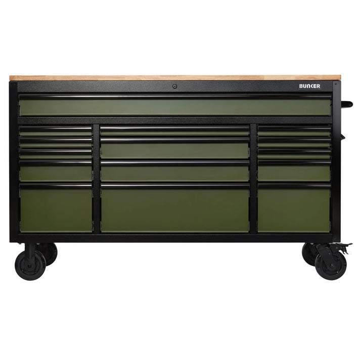 BUNKER 15 Drawer Workbench Roller Tool Cabinet, 61", Green - B100-61GR/FSC