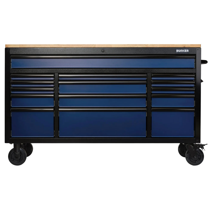 BUNKER 15 Drawer Workbench Roller Tool Cabinet, 61", Blue - B100-61B/FSC