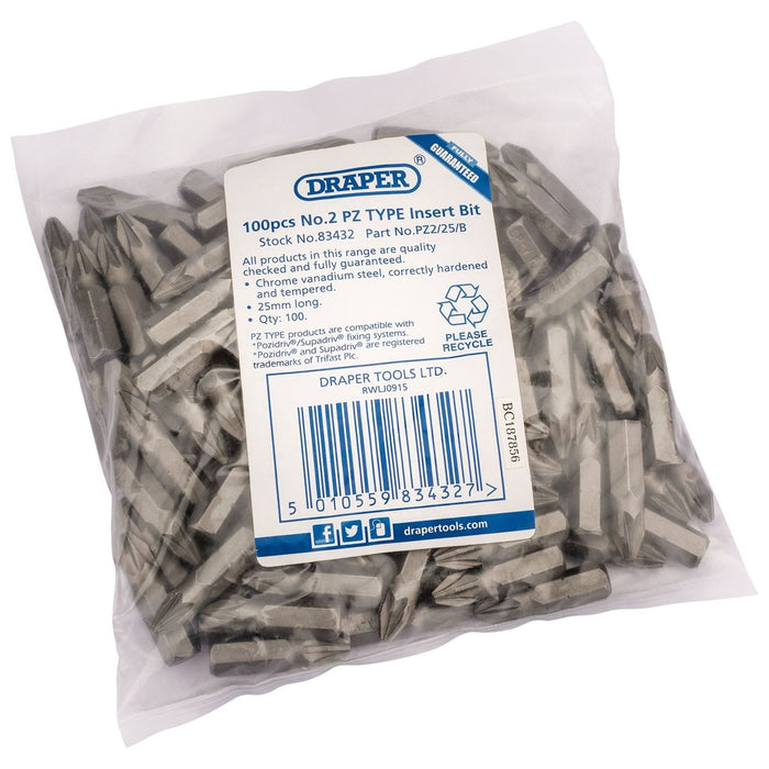 Draper PZ TYPE Insert Bits, 1/4", No.2 (Bag of 100) 83432 Draper - Town Tools 