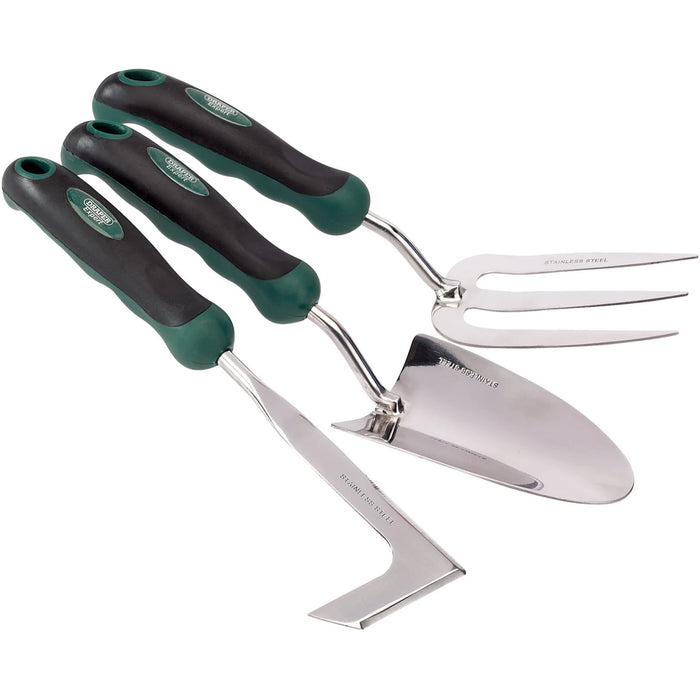 Draper Stainless Steel Heavy Duty Soft Grip Fork, Trowel and Weeder Set (3