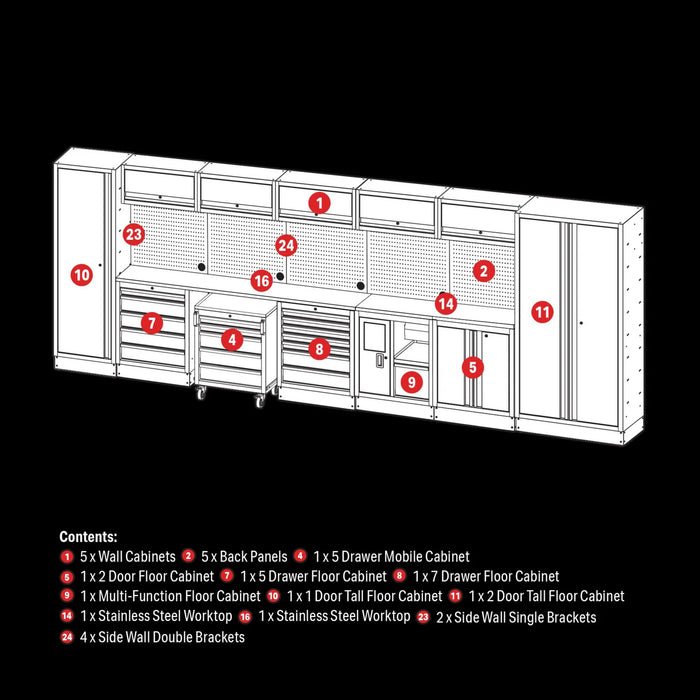 BUNKER 25 Piece Modular Storage Combo with Stainless Steel Worktop 4915mm