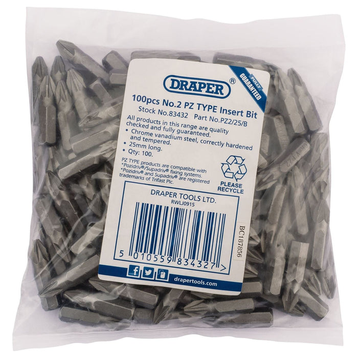 Draper PZ TYPE Insert Bits, 1/4", No.2 (Bag of 100) 83432 Draper - Town Tools 