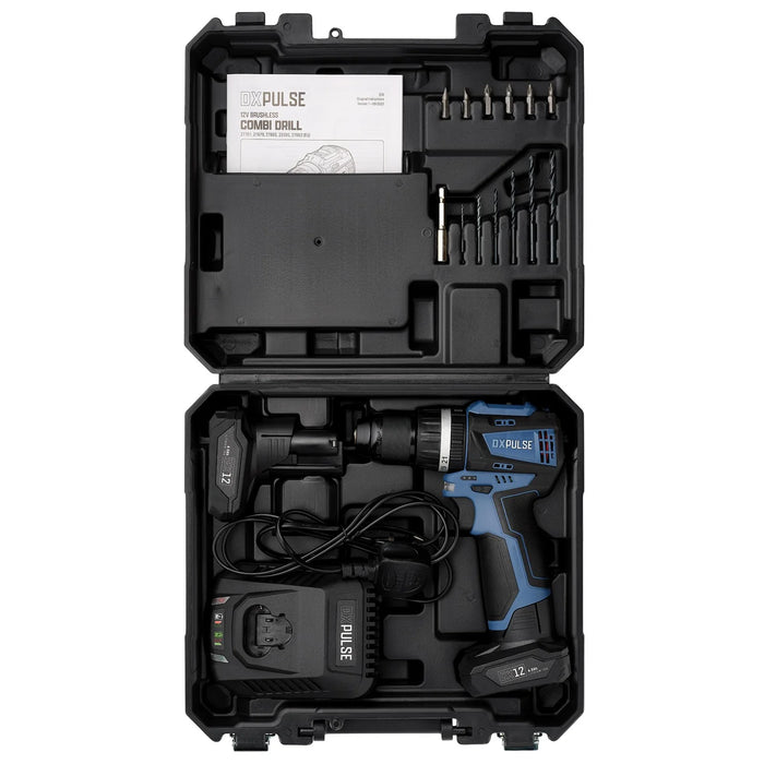 DXPULSE 12V Brushless Combi Drill Kit, 2 x 4.0Ah Batteries, 1 x Fast Charger
