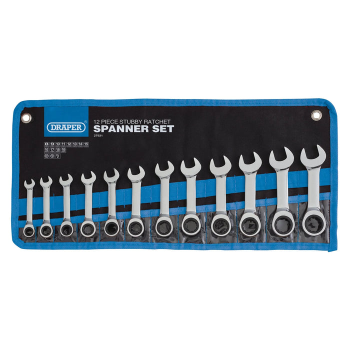 Draper HI-TORQ® Metric Stubby Ratchet Combination Spanner Set, 8 - 19mm (12