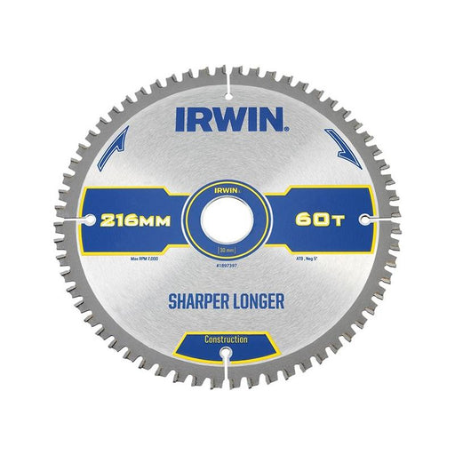 Irwin® Construction Mitre Circular Saw Blade 216 x 30mm x 60T ATB/Neg IRWIN® - Town Tools