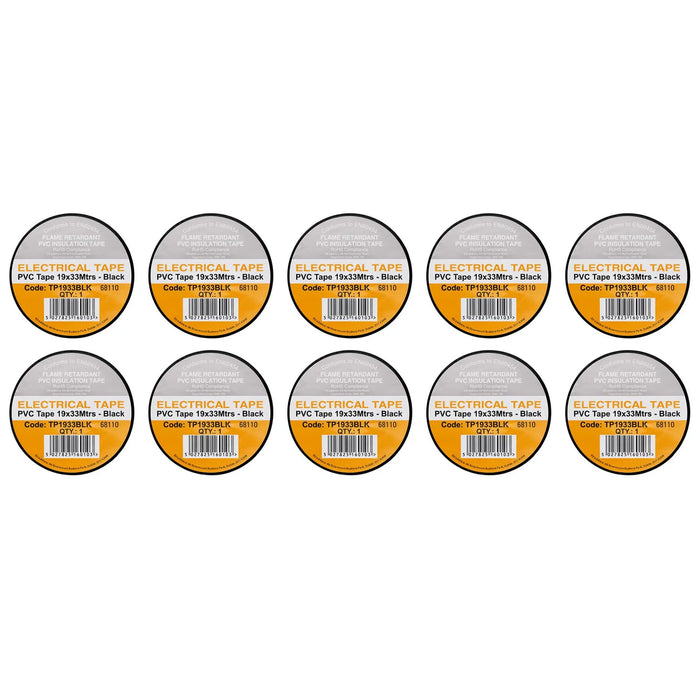 Non-Branded Black PVC Electrical Insulation Tape, 19mm x 33m (Pack of 10)