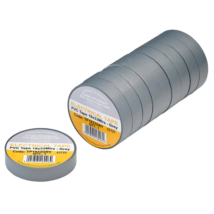 Non-Branded Grey PVC Electrical Insulation Tape, 19mm x 33m (Pack of 10)