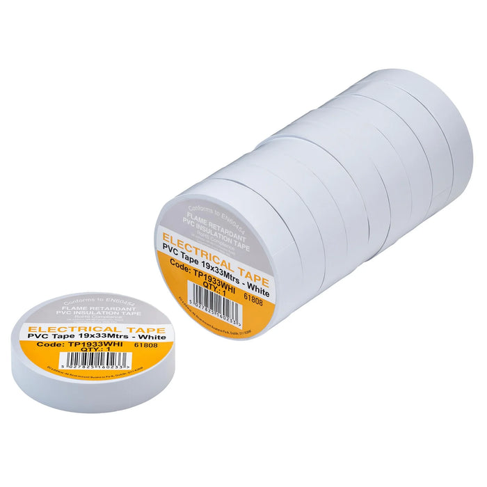 Non-Branded White PVC Electrical Insulation Tape, 19mm x 33m (Pack of 10)