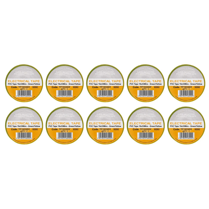 Non-Branded Green/Yellow PVC Electrical Insulation Tape, 19mm x 33m (Pack of 10)