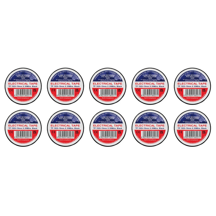 Non-Branded Black PVC Electrical Insulation Tape, 19mm x 20m (Pack of 10)