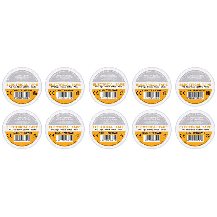 Non-Branded White PVC Electrical Insulation Tape, 19mm x 20m (Pack of 10)