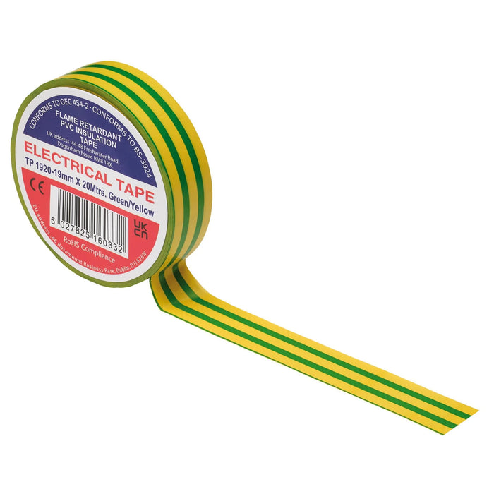 Non-Branded Green/Yellow PVC Electrical Insulation Tape, 19mm x 20m (Pack of 10)