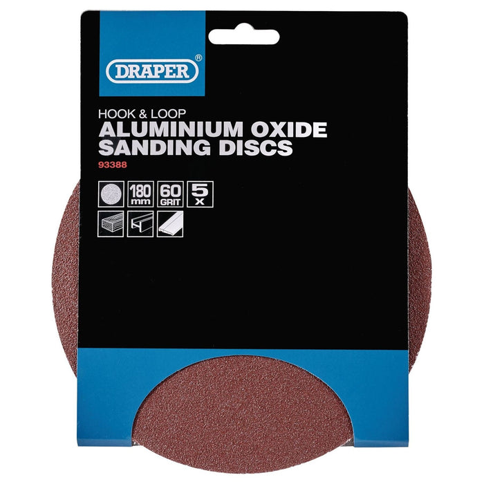 Draper Hook and Loop Aluminium Oxide Sanding Discs, 180mm, 60 Grit (Pack of 5) Draper - Town Tools 