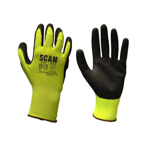 Scan Hi-Vis Yellow Foam Latex Coated Gloves -XL (Size 10) Scan - Town Tools