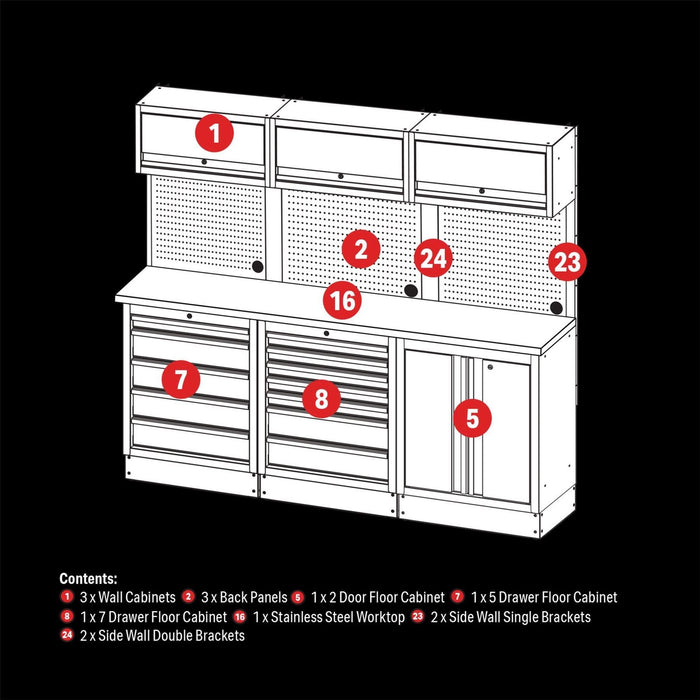 Draper BUNKER Modular Storage Combo with Stainless Steel Worktop (14 Piece) Draper - Town Tools 