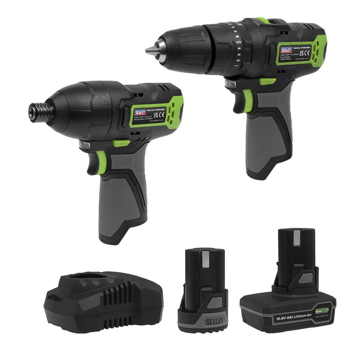 2 x SV10.8 Series Cordless Combi Drill & Impact Driver Kit 10.8V - 2 Batteries Sealey - Town Tools 