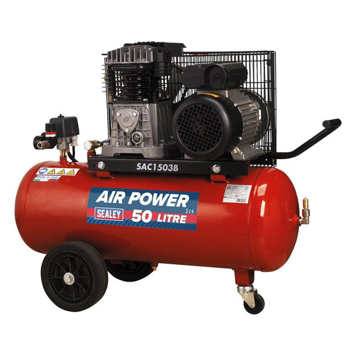 Sealey Air Compressor 50L Belt Drive 3hp with Cast Cylinders & Wheels SAC1503B Sealey - Town Tools 