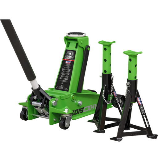 Sealey Trolley Jack 3 Tonne with Super Rocket Lift & AXLe Stands (Pair) 3 Tonne Sealey - Town Tools 